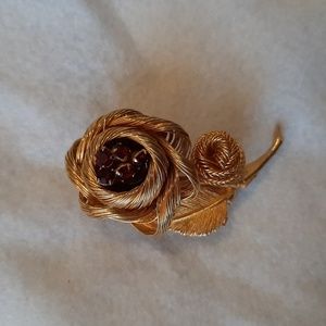 Goldtone Brooch With Red Stone Roses.